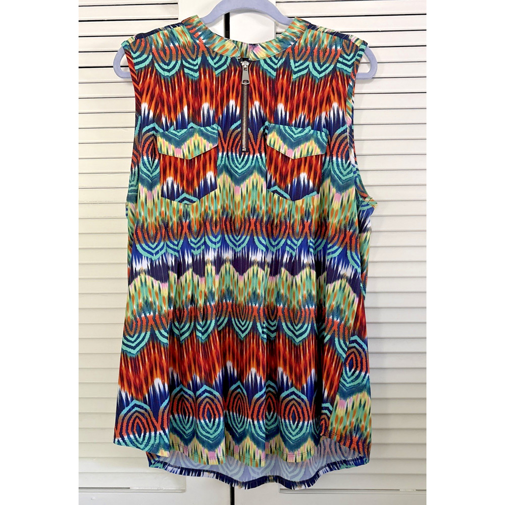 New Directions Woman 2X Sleeveless Top Flame Stitch Pattern 1/4 Zip Colorful Y2K